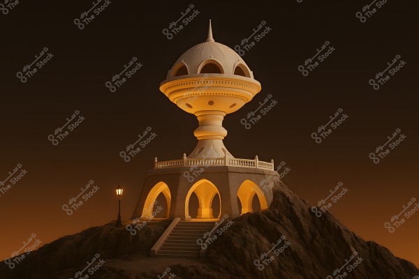 A night scene featuring a rocky hill in Oman, with a large sculpture in the shape of an incense burner with illuminated arches, surrounded by a small railing. On the left, a street lamp adds a dramatic effect to the setting against a dark sky in the background.