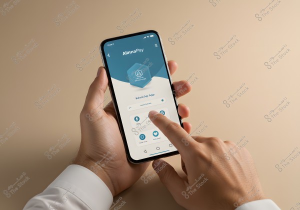 An image shows a person\'s hand in a white shirt using a smartphone. The phone screen displays an app called \"AlinnaPay\" with various options and settings. The background is a light beige color.
