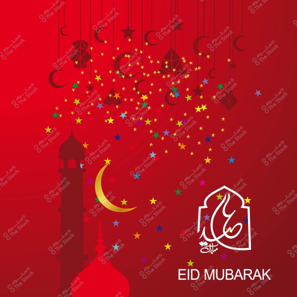 Red background featuring a mosque, crescent, and colorful stars, with \"Eid Mubarak\" written in Arabic and English.