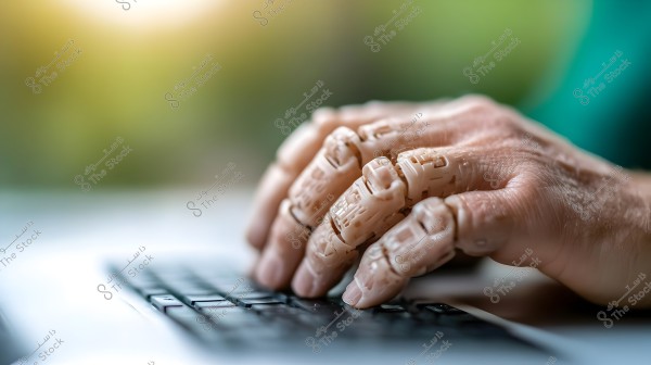 An image of a robotic prosthetic hand typing on a keyboard. The hand appears to be made of a plastic material with intricate details indicating a modern technological design. The soft lighting reflects a blurred background with green and brown tones.