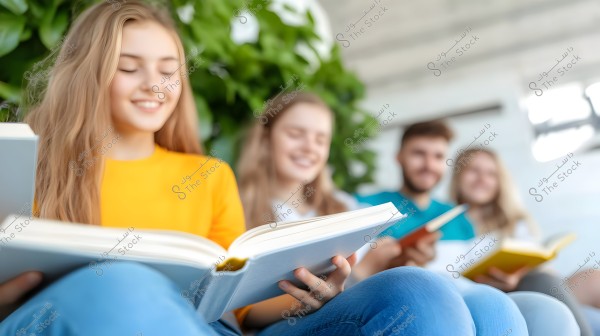 A group of young people sitting in a row, reading books. The girl in front is wearing an orange shirt and blue jeans. The background features green foliage, suggesting an open and relaxing environment.