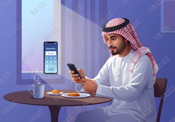 The image shows a man sitting in a room at a small table having breakfast. He is wearing traditional Gulf attire, including a white thobe and a red and white checkered ghutra, suggesting he is from the Arabian Gulf. He is holding a smartphone in his hand, and on the table, there is a cup of tea or coffee and a plate with pastries. An e-payment app called \"AlinmaPay\" is displayed on the screen. The window behind the table allows light into the room.