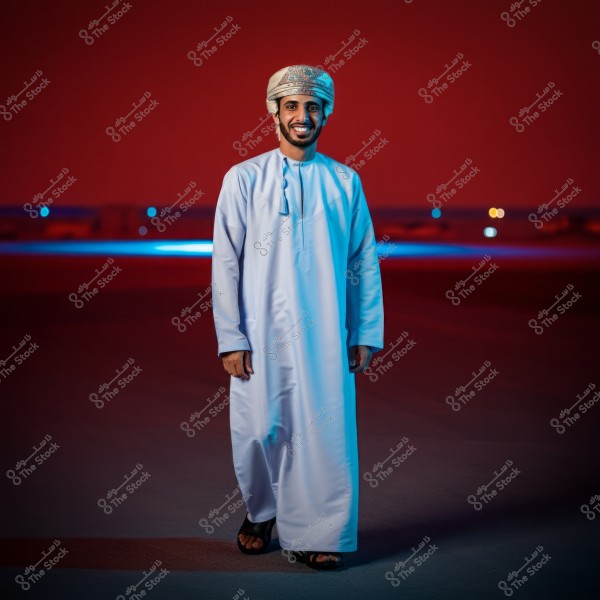 A portrait of a man wearing traditional Omani attire, featuring a white dishdasha and an Omani turban, standing with a smile against a red background with blue lighting.