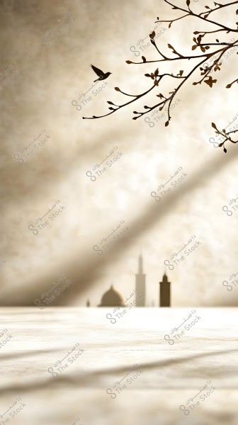 A serene natural scene featuring a tree branch with some leaves in the foreground, surrounded by a flying bird. In the background, shadows of tall buildings and a mosque dome are visible, creating a sense of tranquility and calm.