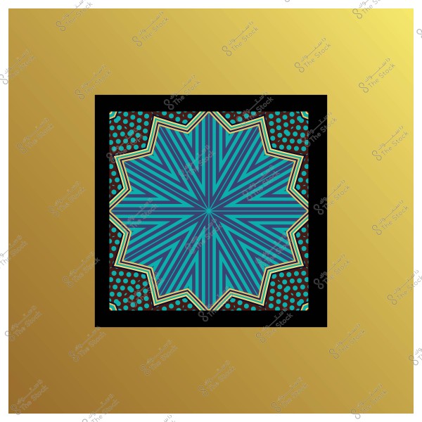 نمط هندسي يتكون من نجمة زرقاء وزخارف متعددة الألوان داخل إطار مربع, على خلفية ذهبية.