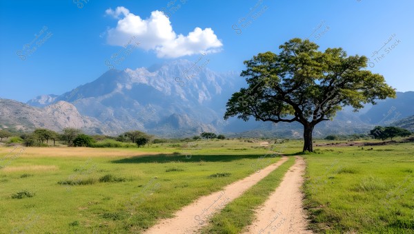 A natural landscape featuring a dirt path stretching through a wide field of green grass. On the right side, there is a large tree casting shade on the ground around it. In the background, a majestic mountain range is visible under a clear blue sky with a few white clouds.