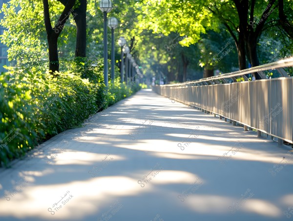 A pedestrian pathway flanked by green trees and street lamps on one side, with a metal fence on the other. Sunlight filters through the leaves, casting shadow patterns on the ground.