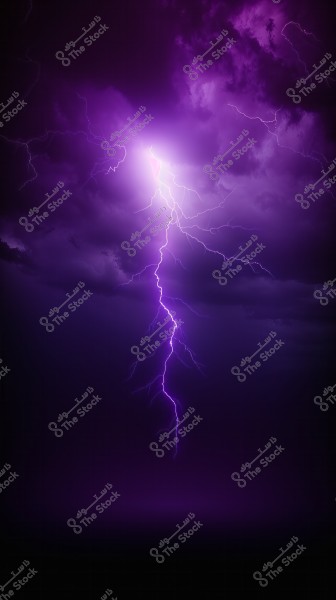 An image of a nighttime sky illuminated by bright purple lightning extending from top to bottom. Dark clouds fill the sky as the lightning lights up the scene in a captivating purple hue.