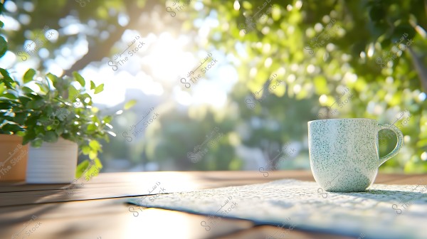 A light green ceramic mug placed on a wooden table with a partially sunlit mat beneath. Behind the mug is a plant in a white pot near the edge of the table. The background features sunlit tree leaves.