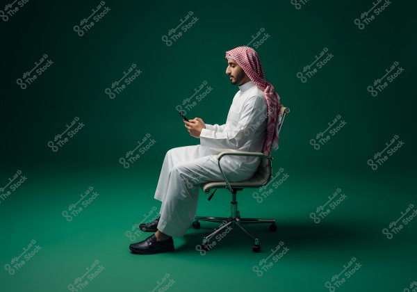 صورة جانبية لرجل جالس على كرسي مكتب بلون فضي ويرتدي ثوباً أبيض وغترة حمراء وبيضاء. الرجل يمسك بهاتف محمول في يديه. الخلفية خضراء داكنة, مما يبرز ملامح الملابس التقليدية التي قد تشير إلى أنها من أصل سعودي.