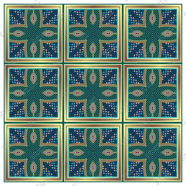تصميم هندسي متماثل بألوان الأزرق والذهبي يتكون من تسعة مربعات تحتوي على أنماط متقاطعة ونقاط متعددة الألوان.