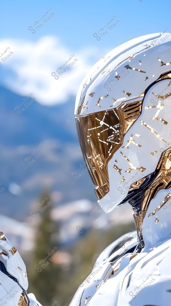 An image of a sleek metallic robot with shiny white and gold paint, featuring geometric patterns and engravings on its helmet and armor. The robot is shown from the side in an outdoor setting with a blurred mountainous background under a blue sky.