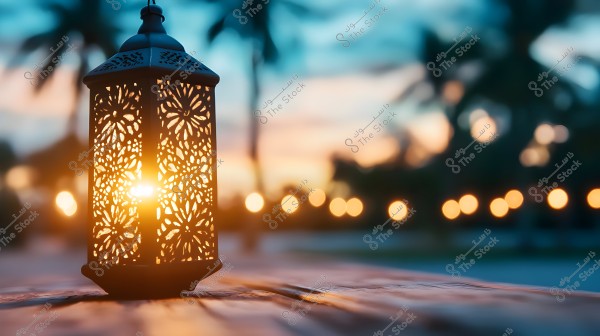 A lit metal lantern with intricate patterns stands on a wooden table. The background features silhouetted palm trees against a sunset and blurred light orbs, creating a calm and warm atmosphere.
