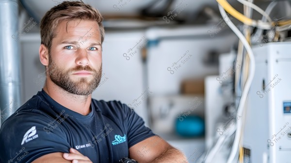 An image of a man in a workshop or machine room environment. He is wearing a dark blue short-sleeved shirt and stands with his arms crossed. There is equipment visible in the background.