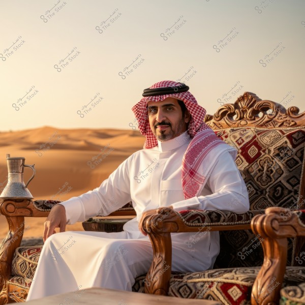 A portrait of a man sitting on an ornate chair in the middle of the desert. The man is wearing a white thobe with a red and white checkered shemagh and an agal on his head. The chair is adorned with traditional patterns. In the background, golden sand dunes are visible under a clear sky.