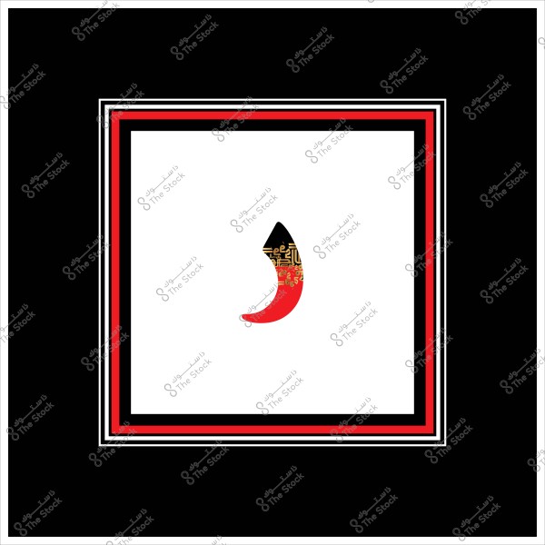 Artistic image centered with a red drop-like shape featuring decorative designs. It is surrounded by a square frame in black, red, and white colors. The shape contains elements resembling Arabic script in gold within its black half, while the other half is red.