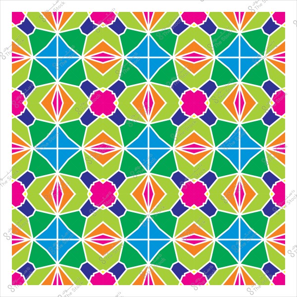 نمط هندسي ملون يتكون من أشكال سداسية وثمانية الأضلاع بألوان زاهية مثل الأخضر والأزرق والبرتقالي والوردي. التصميم يشبه الفسيفساء الإسلامية التقليدية بنمط متكرر.
  
-