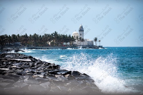 لقطة لمسجد في الواجهة البحرية بجدة مع ظهور الأمواج على الصخر. مجموعة من النخيل والاشجار تحيط بالمسجد