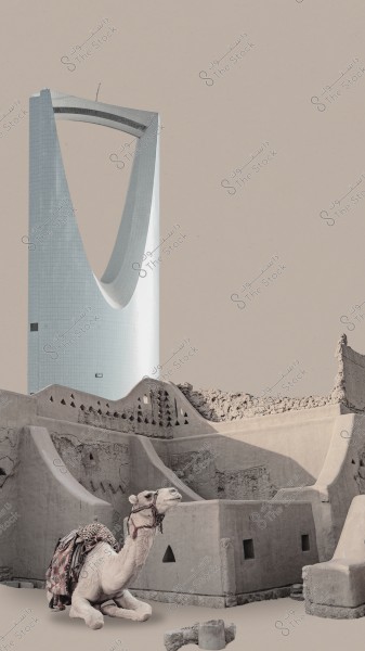 The image features a camel sitting in front of a traditional mud-brick building, with the iconic Kingdom Tower in Riyadh, Saudi Arabia, visible in the background. The design blends traditional and modern architecture.
