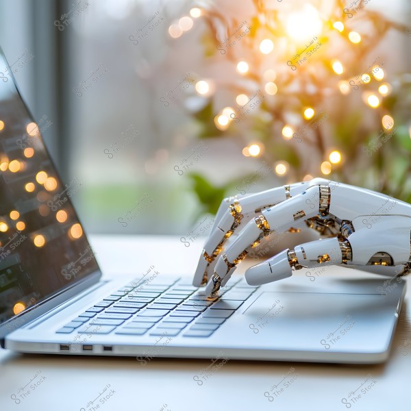 An image depicting a white robotic hand with gold joints typing on a laptop keyboard. In the background, there is soft natural light in a room with trees adorned with warm, blurred lights.