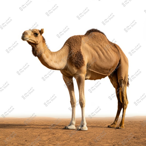 Image of a camel standing in the desert with a white background. The camel has light brown fur with darker patches on its back and front legs. Sand surrounds it at the bottom.