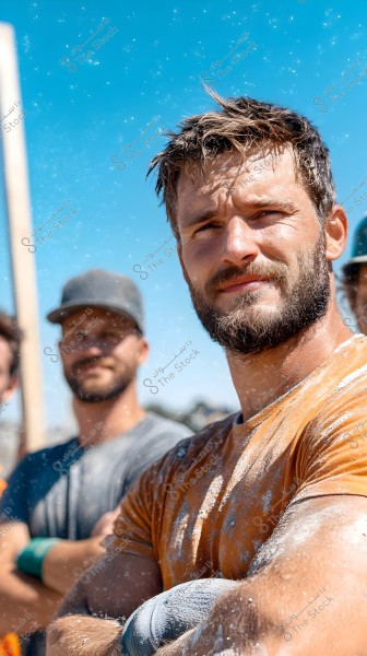 Image of a man facing the camera with a slight smile, wearing an orange shirt covered in dust. In the background, there are two other individuals wearing caps, one of which is gray. The background shows a clear blue sky, suggesting the photo was taken on a sunny day.