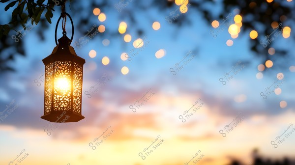 An image of a traditional Arabic lantern lit and hanging from a tree, set against a sunset background with a blue sky and warm orange and purple hues. Small lights decorate the area around the lantern, creating a gentle, aesthetic effect.