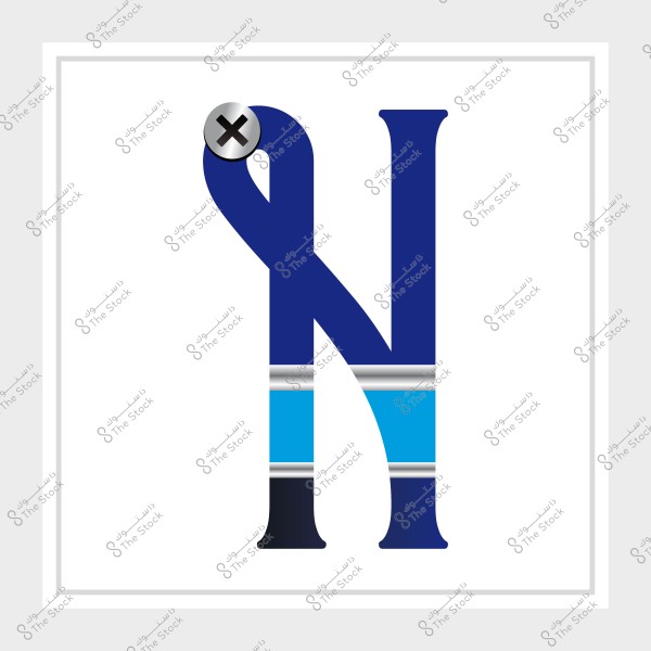 The letter N in dark blue with a metallic blue stripe design and a button in the top left corner.