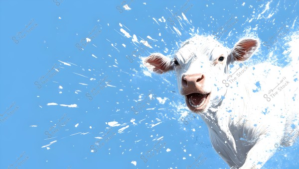 An image of a playful white cow against a bright blue background. White splashes are dispersed around it, giving an impression of movement and liveliness.