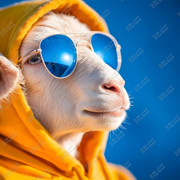 Image of a goat dressed in unconventional attire, wearing blue sunglasses and a yellow hoodie. The background is a bright blue, enhancing the vivid details of the goat.