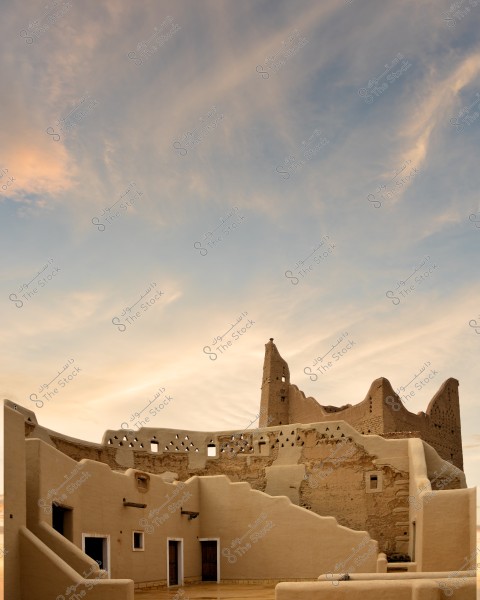 An image of an old traditional mud castle with uniquely designed towers. The walls are light brown, complemented by a clear sky with a beautiful sunset featuring light pink and orange clouds.