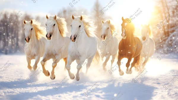 Image of a group of horses running through the snow on a sunny day. The sun illuminates the scene from behind, creating a bright glow around the horses\' heads. Most of the horses are white, with one being brown. Snow flies up with their steps, adding a sense of movement and vitality. Snow-covered trees appear blurred in the background.