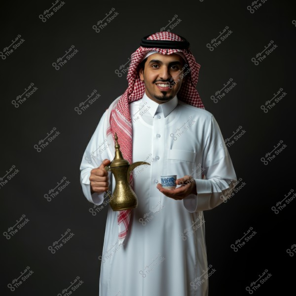 صورة لرجل يرتدي ثوبًا أبيض وغترة حمراء مع عقال أسود, يحمل دلة قهوة عربية في يده اليمنى وفنجان قهوة في يده اليسرى, مبتسمًا وواقفًا أمام خلفية داكنة.