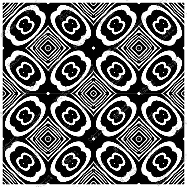 نمط هندسي أبيض وأسود مكون من أشكال دائرية ومربعة متداخلة ومنسقة بشكل تكراري.