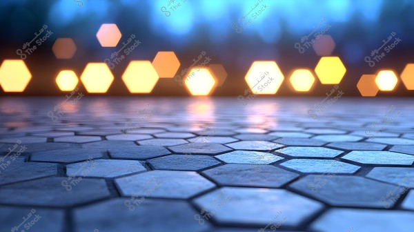 An image of a path covered with hexagonal tiles reflecting bright lights from the background in a bokeh effect, creating an appealing and illuminated appearance. The lights appear in hexagonal shapes emitting warm colors against a blurred blue background.