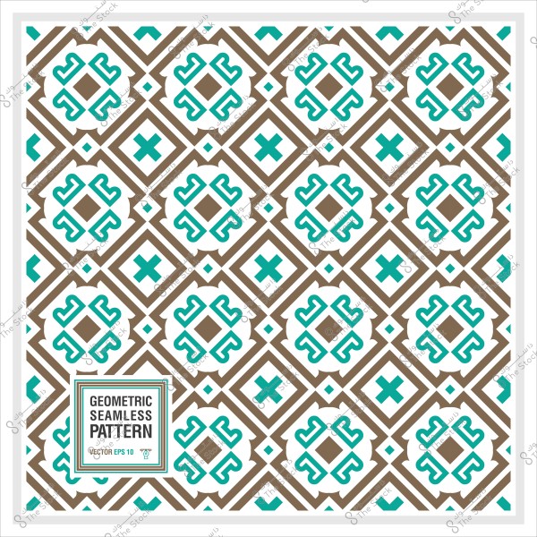 Geometric seamless pattern with interlocking shapes in brown and teal colors.