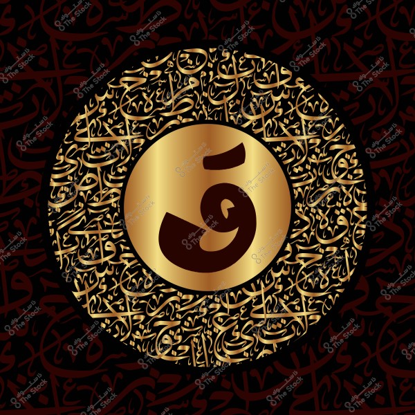 Image shows a graphic design featuring the Arabic letter "Qaf" in gold at the center of a circle, surrounded by a background of interwoven Arabic calligraphy patterns, giving a sense of traditional Islamic art.

-