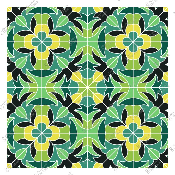 نمط زخرفي هندسي بزخارف باللون الأخضر والأصفر والأسود مع تصميم متكرر يشبه البلاط التقليدي.
-