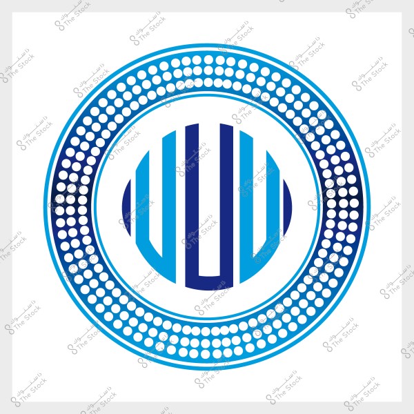 شعار دائري بألوان زرقاء مختلفة يحتوي على خطوط عمودية ونقاط بيضاء حول الحافة.