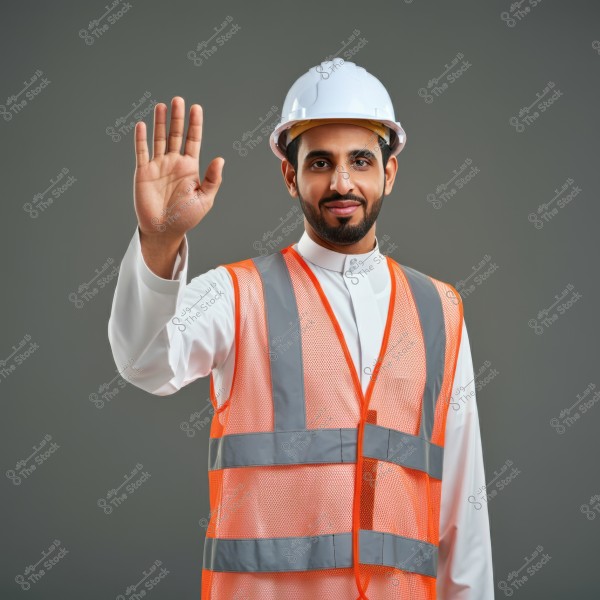 A portrait of a man wearing a white safety helmet and an orange work vest with reflective stripes. He is dressed in a traditional white thobe under the vest, and raises his hand with a smile in a welcoming gesture. The background is a neutral gray.