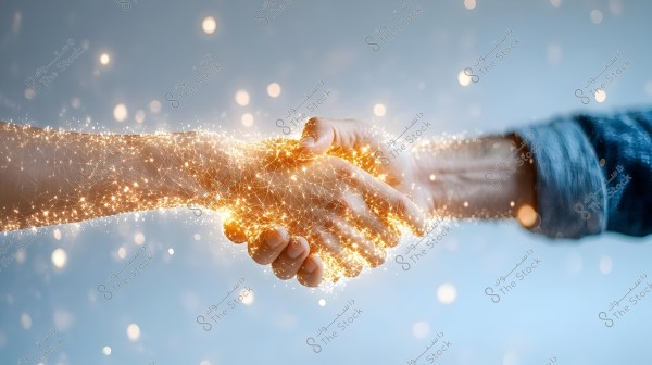 Two hands shaking, surrounded by a glowing effect resembling a network of light. The image conveys the concept of digital communication with golden light intertwined between the hands. The background is blurry with light particles.
