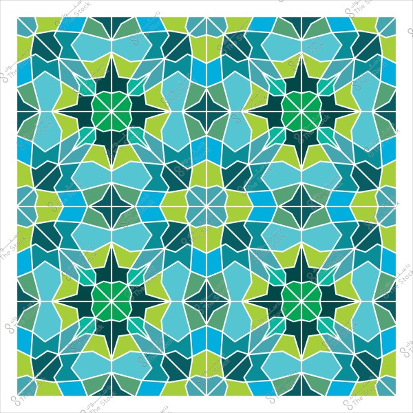 Islamic geometric pattern in green and blue colors with interlocking star designs.
