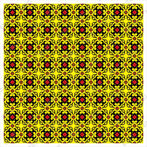 Repetitive ornamental design with geometric shapes in yellow and black with red accents.