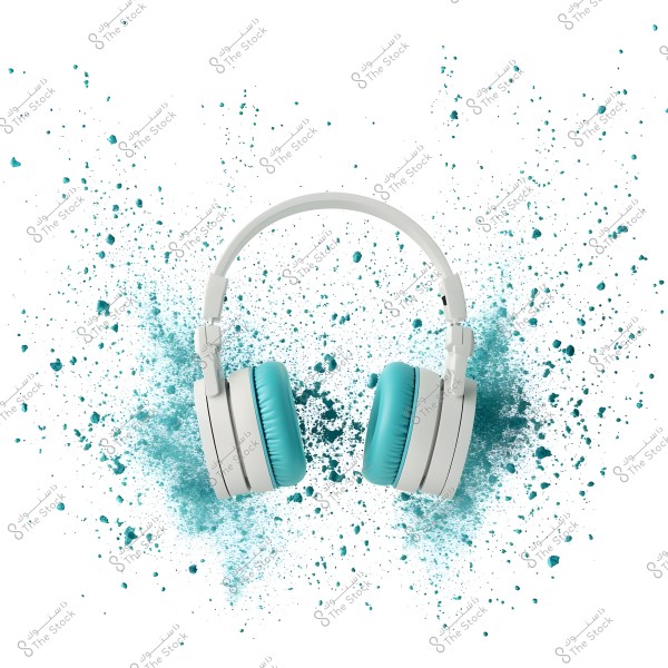 An image of a pair of white headphones with light blue ear cushions, centered in the frame. The background features splatters and bursts of blue paint scattered across a white background, creating a vibrant and artistic effect.