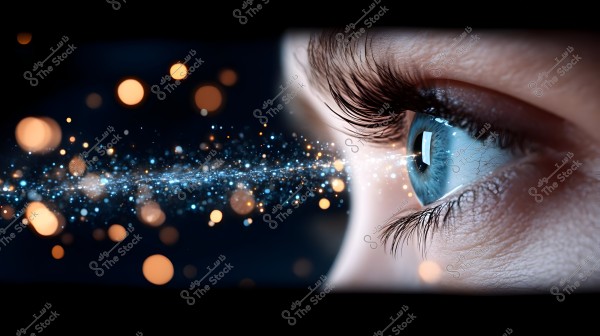A close-up image of a blue eye with light reflecting on its outer surface. Luminous particles in blue and orange colors appear in the foreground, against a dark background that highlights the intricate details of the eye and long eyelashes.