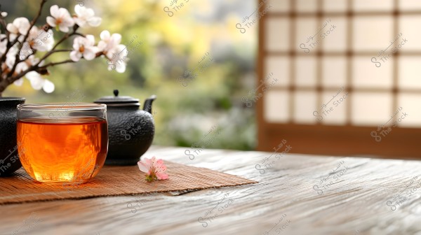 An image showing a glass cup filled with orange-colored tea placed on a wooden mat next to a decorative black teapot. A small white flower blossom is beside it. The background features a paper window with a Japanese-style pattern, with soft sunlight filtering through, adding a serene touch to the scene.
