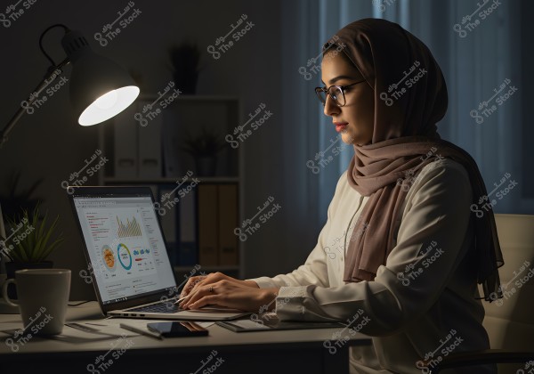 Image of a woman wearing a hijab working on a laptop in an office illuminated by a desk lamp. The screen displays charts and graphs. The woman is wearing glasses and is focused on the screen. There is a plant and a tea cup on the desk, and a backdrop with shelves containing documents.