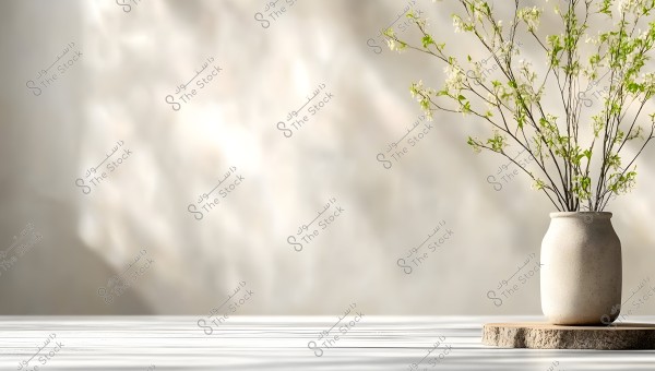 A simple ceramic vase holding delicate branches with small green buds is placed on a circular wooden surface. In the background, a softly textured wall in white and beige tones with gentle shadows creates a serene atmosphere.