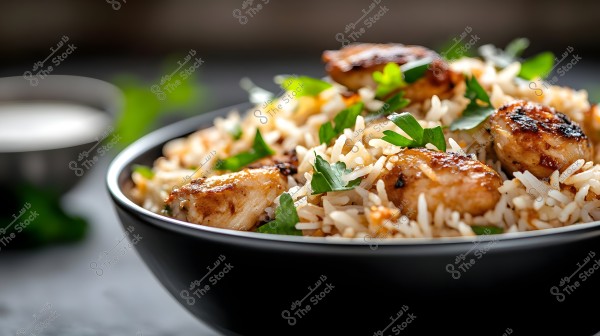 A bowl of cooked rice with grilled chicken pieces and green garnishes in a black bowl. The fine details of the rice and the golden color of the chicken with green parsley leaves are visible. A blurred side dish is seen in the background.