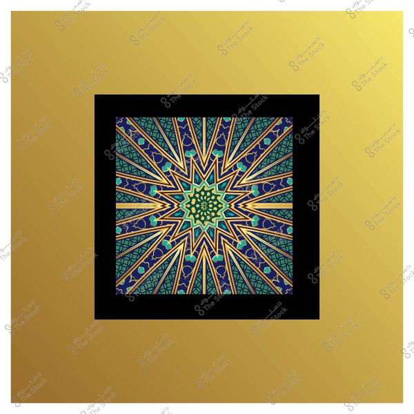 Geometric Islamic pattern in shades of blue and green with gold details inside a black square frame on a golden background.